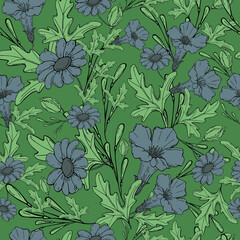 vector illustration seamless pattern botanical print with gray flowers,green leaves on dark green background,for wallpaper or fabric