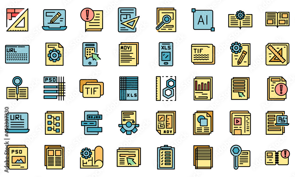 Poster technical document icons set. outline set of technical document vector icons thin line color flat on