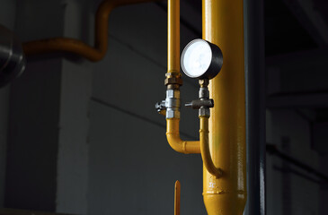 Industrial water treatment and boiler room. Pipes, piping, levers, barometers, connections....
