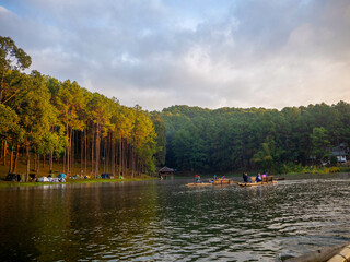 Fototapeta premium The beautiful sunshine with the pine and the raft on the reservoir of the higher mountain, Pang Oung, which dubbed is as Switzerland, Mae hong son, Thailand.