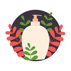 Composition with cosmetic bottle and leaves. Modern design for organic cosmetics, cosmetology, beauty salon. Flat style. Cosmetic products, natural skin care products. Vector.