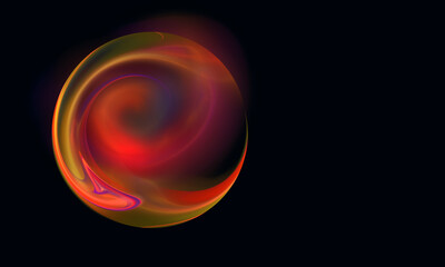 Glowing 3d multicolored plasma ball with red yellow orange blue swirling stains rotates and levitates in deep dark space. Great as creative banner, artistic background or unusual cover or print.