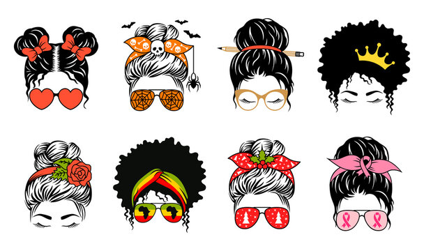 Messy bun set designs. Mom life collection. Vector female faces in aviator sunglasses and bandanas with various themed. Woman print.