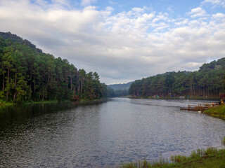 Fototapeta na wymiar The beautiful reservoir Pang Oung, which dubbed is as Switzerland, Mae hong son, Thailand.