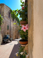 Naklejka premium Ein verschlaffenes Dorf in Italien, bunte Blumen an der Wand mit einem kleinen Fahrzeug im Hintergrund.