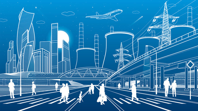 Highway under the bridge. Modern night town, neon city. Car overpass. people walking at street. Infrastructure outlines illustration, urban scene. White lines on blue background. Vector design art 