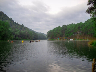 Fototapeta premium The raft in the beautiful reservoir in the higher mountain, Pang Oung, Mae hong son, Thailand.