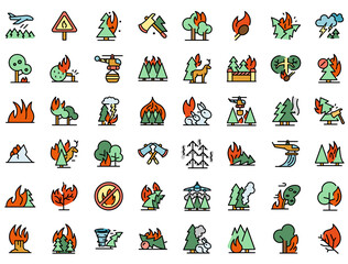 Burning forest icons set. Outline set of burning forest vector icons thin line color flat on white