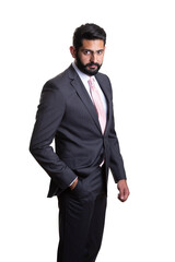 A young man wearing suit on a white background