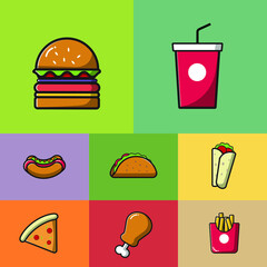 Fototapeta na wymiar fast food icons set, one set junk food flat Vector Icon Illustration. hamburger, pizza, drink, french fries, sandwich, hot dog, fried chicken, kebab, Icon Concept Isolated Premium Vector. Flat Cartoon