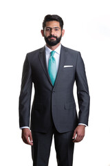 A young man wearing suit on a white background