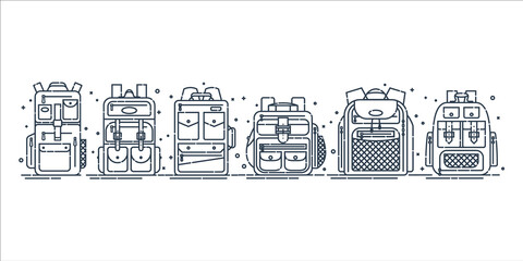 Education and study backpack in row for students and traveling icon. Rucksack or schoolbag with pockets and zipper element. Set tourism bag. Flat line art illustration isolated on white background