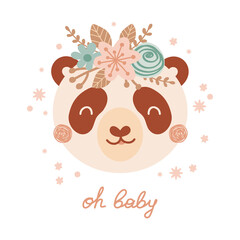 Cute poster with panda and flowers in flat style for kids. Lettering Oh baby. Illustration in pastel colors. Print for children clothing and textiles. Vector © Irina Gubanova
