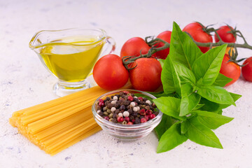Products ingredients for italian pasta on a white background.