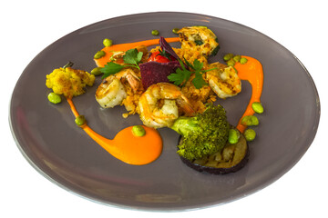 gambas grillées à l’ail et petits légumes 