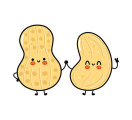 Cute, funny happy peanut and cashew character. Vector hand drawn cartoon kawaii characters, illustration icon. Funny cartoon peanut and cashew friends concept