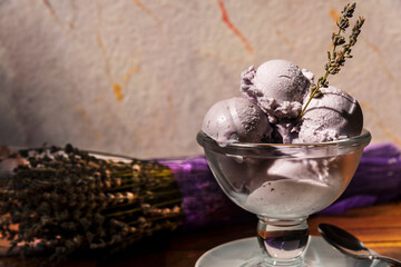 Lavender ice cream, special product made with eatable lavender
