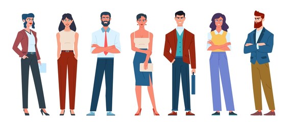 Business team of different gender, age and race standing on an isolated white background. Modern flat cartoon illustration