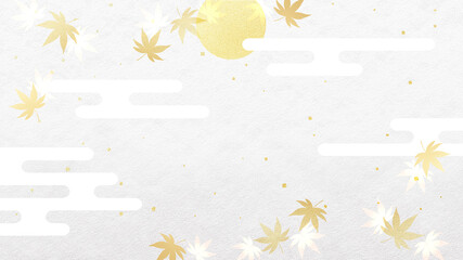 金色の満月ともみじ　霞雲と金箔入り　和風背景素材（グレー）
