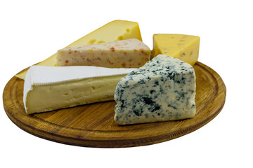 Set of various types of cheese on wooden cutting board isolated on white background