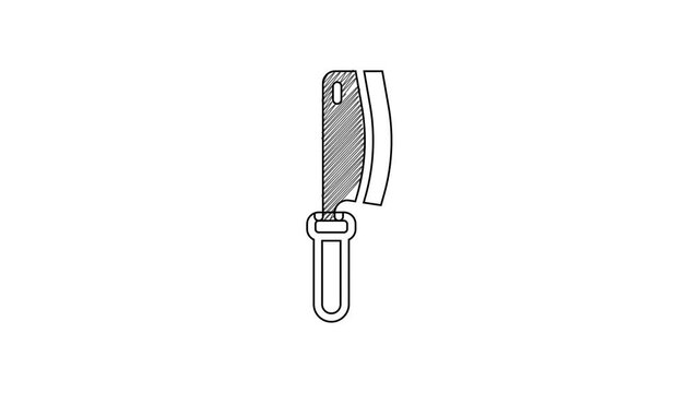 Black line Meat chopper icon isolated on white background. Kitchen knife for meat. Butcher knife. 4K Video motion graphic animation