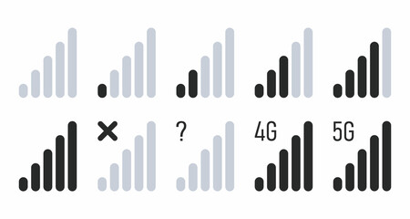 Mobile signal strength indicator set. Signal from low to high, no signal, 4g, 5g network connection symbols. Monochrome communication level icons. Template for ui or ux design. Vector illustration