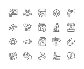Simple Set of Marketing Strategy Related Vector Line Icons. Contains such Icons as Product Presentation, Seller, Buyer and more. Editable Stroke. 48x48 Pixel Perfect.
