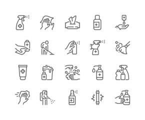 Fototapeta premium Simple Set of Disinfection and Cleaning Related Vector Line Icons. Contains such Icons as Man in Disinfection Protective Suite, Sanitizer, Spray more. Editable Stroke. 48x48 Pixel Perfect.