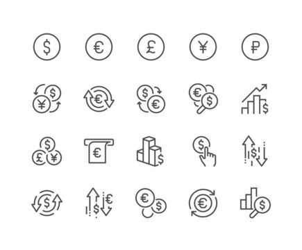 Simple Set of Currency Related Vector Line Icons. Contains such Icons as Exchange Rate, Currency Forecast, Change Graph and more. Editable Stroke. 48x48 Pixel Perfect.