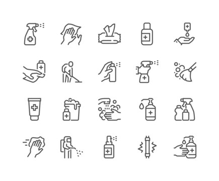 Simple Set of Disinfection and Cleaning Related Vector Line Icons. Contains such Icons as Man in Disinfection Protective Suite, Sanitizer, Spray more. Editable Stroke. 48x48 Pixel Perfect.