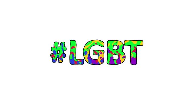 Hashtag #LGBT. Animated text isolated on White background. 4K video. Color movable letters pattern, fluid aqua effect. Popular Hashtag #LGBT for social sexual minorities, media, title video
