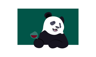 The cute Panda drinks wine on the green background. Asian animal.