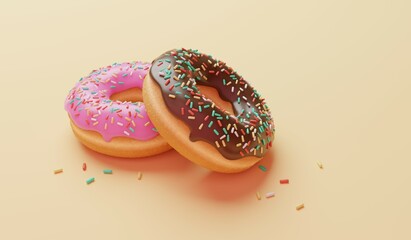 3D illustration Two Donuts on light yellow background