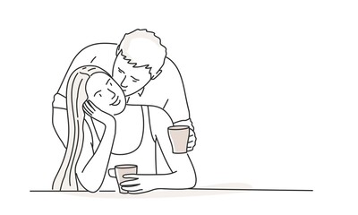 Man kissing smiling woman sitting at home or in cafe and holding mug in hands.