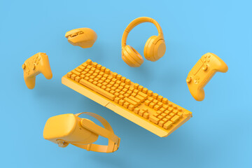 Flying gamer gears like keyboard, joystick, headphones, VR glasses, microphone © Vasyl Onyskiv