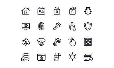Security line icons set. Cyber lock, unlock, password. Guard, shield, home security system icons. Eye access, electronic check, firewall