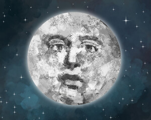 Full moon with human face against the background of the starry sky