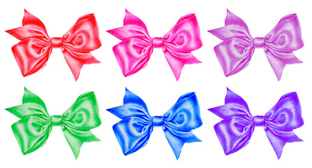 A set of beautiful satin bows: red, pink, blue, purple, green on a white background. Watercolor illustration.  Closeup. Hand drawn. 