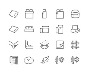 Simple Set of Linens Related Vector Line Icons. Contains such Icons as Blanket, Single and Double Bed, Weather Conditions. Editable Stroke. 48x48 Pixel Perfect.