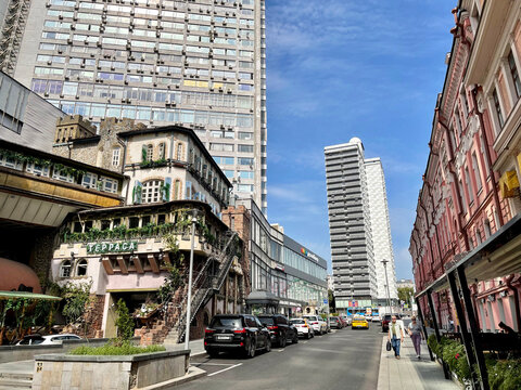 Moscow, Russia, August, 20, 2021. Genatsvale Restaurant Terrace on Novy Arbat. Russia, Moscow