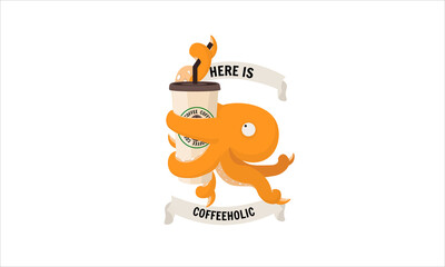 The cute Octopus holds Ice coffee paper cup with a lid and straw isolated on white background. Happy moment. Deep orange ocean animal. Coffee time. Coffeeholic.