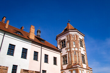Old beautiful medieval castle fortress with towers. Ancient european architecture