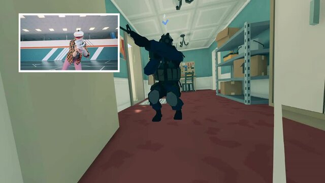 A girl in a VR-headset is playing a 3D shooting game