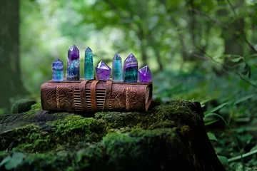 Foto op Plexiglas witch book and set quartz minerals on dark natural forest background. Healing crystals of fluorite and amethyst. Magic Crystal Ritual, Witchcraft, spiritual esoteric practice. Reiki life balance © Ju_see