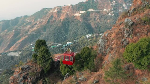 Aerial view of a cable car running down from Gun Hills, Landour, Mussoorie, India.
