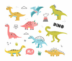 Cute hand drawn dinosaurs, tropic plants and lettering. Dino collection in doodle style. Vector illustration for kids.