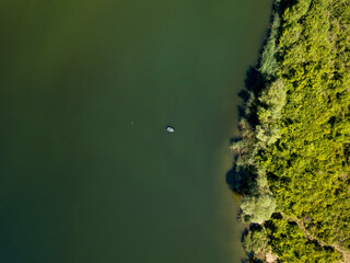 Aerial view of a green lake with a boat and coastline trees - obrazy, fototapety, plakaty