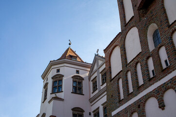 Old beautiful medieval castle fortress with towers. Ancient european architecture