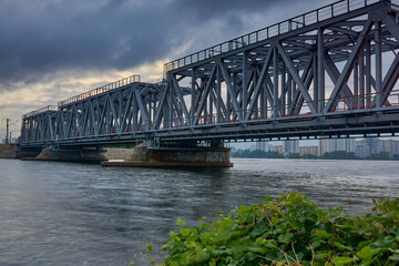 Dawn over the railway bridge in Voronezh