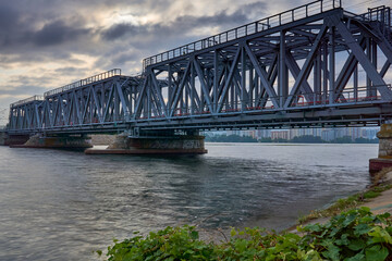 Dawn over the railway bridge in Voronezh